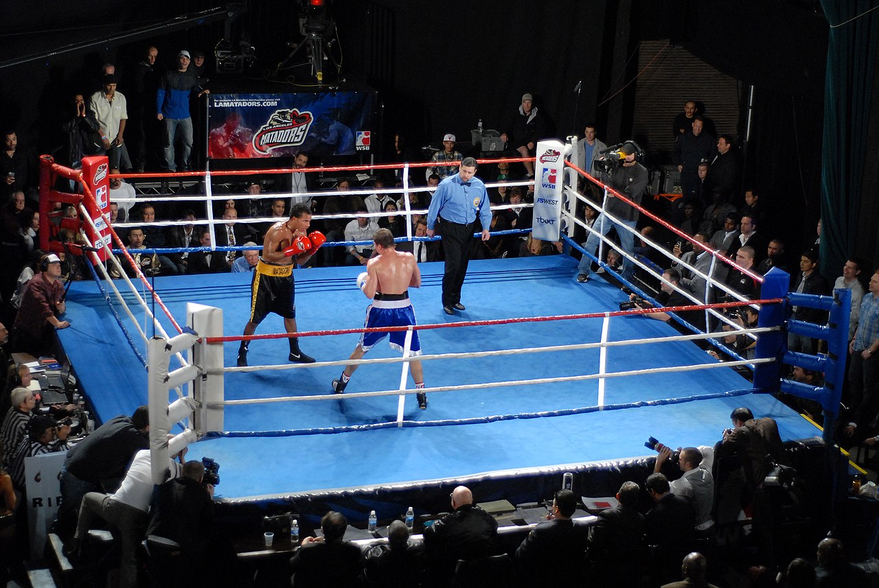 Ring de boxe éclairé avant un combat